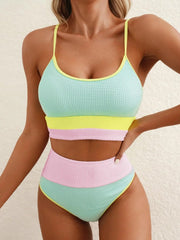 Sunnylia - Women 2 Piece Bikini Set High Waisted Color Block Swimsuit Beach Scrunch Ribbed Bathing Suit