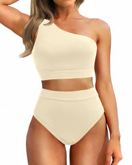 Sunnylia - One Shoulder High Waisted Bikini Sets Two Piece Swimsuit Tummy Control-Pink