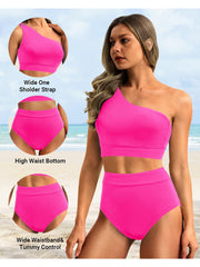Sunnylia - One Shoulder High Waisted Bikini Sets Two Piece Swimsuit Tummy Control-Black