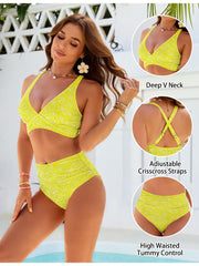 Sunnylia - Women Embroidery Print High Waisted Bikini Sets V Neck Tummy Control Bathing Suit Two Piece Curvy Swimsuits