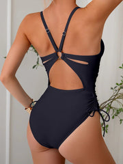 Sunnylia - Womens One Piece Swimsuits Tummy Control Summer Beach Bathing Suit for Women Solid Color V Neck Back O Ring Swimwear