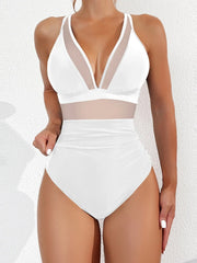 Sunnylia - Women Plus Size One Piece Swimsuit V Neck Mesh Sheer Tummy Control Bathing Suit