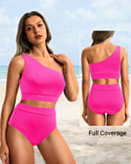 Sunnylia - One Shoulder High Waisted Bikini Sets Two Piece Swimsuit Tummy Control-Pink