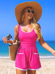 Sunnylia - Women's Colorblock Sporty Tummy Control One Piece Bathing Suit with Shorts Pockets