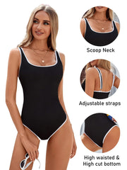 Sunnylia - Women's One Piece Swimsuit Sports Adjustable Strap Bathing Suit Color Block Ribbed High Cut Swimsuits