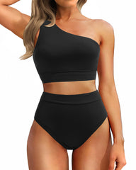Sunnylia - One Shoulder High Waisted Bikini Sets Two Piece Swimsuit Tummy Control-Pink