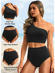 Sunnylia - One Shoulder High Waisted Bikini Sets Two Piece Swimsuit Tummy Control-Black