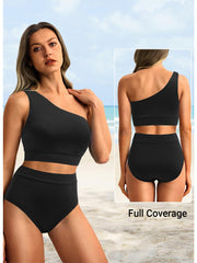 Sunnylia - One Shoulder High Waisted Bikini Sets Two Piece Swimsuit Tummy Control-Black